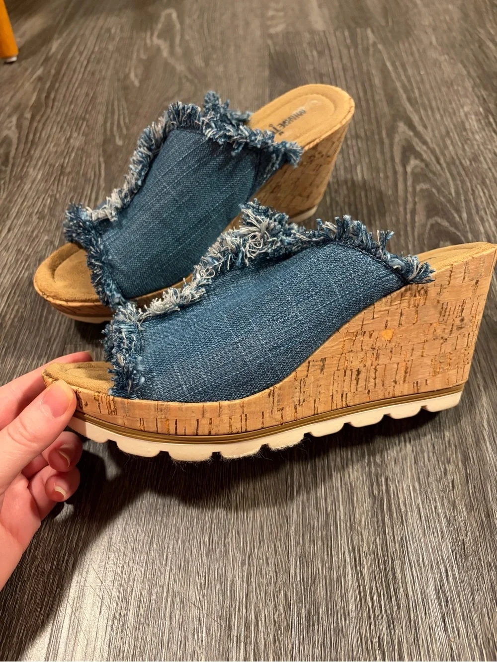 Minnetonka Blue Denim Frayed Cork Wedge Slides